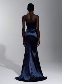 SHEIN Belle Elegantes dunkelblau schimmerndes Stretch-Satinkleid mit trägerlosen Ausschnitt, Oversized Rüschendetail, hohem Seitenschlitz, geeignet für Dates, Urlaub, Hochzeiten, formelle Anlässe, Abiball, Abschlussfeier, Party, Abendkleid, Hochzeitsgast