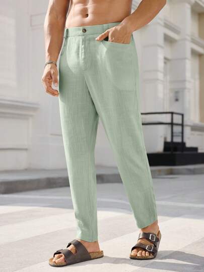 Manfinity VCAY Men's Woven Slim Fit Mid-Waist Long Elastic Waist Straight Casual Pants, Suitable For Daily Wear, Fall