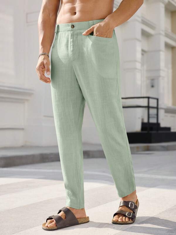 Manfinity ModaGents Pantaloni casual drepti pentru bărbați, țesuți, cu talie medie, cu talie lungă, potriviți pentru purtarea zilnică