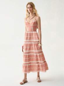 Florisole 女式优雅休闲度假波西米亚拼接露背细肩带长裙 - 粉色 - 查看 4