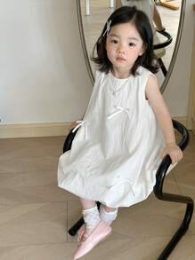 DAZY Young Girl Round Neck Casual Bowknot Butterfly Charming Mid-Length Solid Color Dress, Girls Summer Outfits - White - View 3