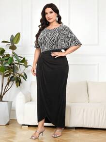 Modelyn Plus Size Women Zebra Print Ruffle Trim Short Sleeve Elegant Dress - Black - View 6