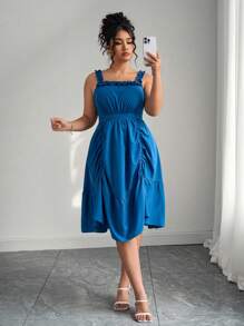 Elenzga 优雅休闲下午茶大码女式短款荷叶边吊带百褶连衣裙，蓝色 - 藍色 - 查看 4