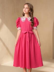 Tween Girl' Casual Contrast Lace Crew Neck Red Party Dress For Formal Occasions & Everyday Wear - Hot Pink - View 4