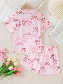 2件套女童休闲蝴蝶印花短袖开衫和短裤家居服 - 粉色 - 查看 2