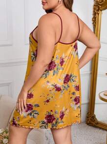 大码女式花卉印花宽松吊带睡衣 - 黃色 - 查看 2