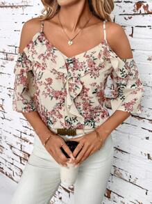 SHEIN Clasi Romantic Floral Print Off-Shoulder Ruffled Blouse, Fashionable For Summer Floral - Dusty Pink - View 4