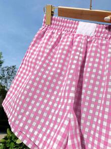 Comfortcana Valentine's Day Plus Size Women Loose Plaid Pattern Elastic Waist Shorts - Pink - View 8