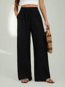 SHEIN Tall Double-Layered Wrinkle Cloth Distressed Washed Women's Long Pants - Black - View 3