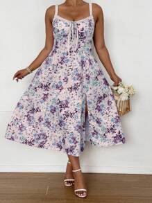 SHEIN LUNE 大码女式法式印花高开衩连衣裙 - 彩色 - 查看 4