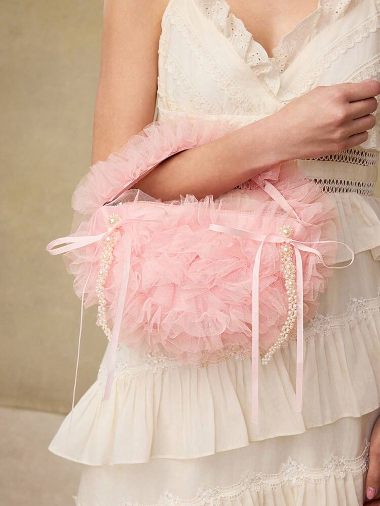 FAUX PEARL AND BOW MESH TOP HANDLE BAG, NEW ARRIVAL FUR BAG FOR WOMEN