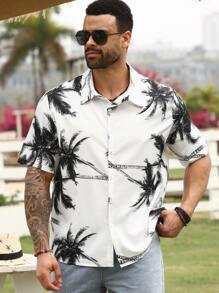 Manfinity RSRT Cămașă cu mânecă scurtă cu imprimeu cocos, ocazional de vacanță, pentru bărbați de mărimi plus