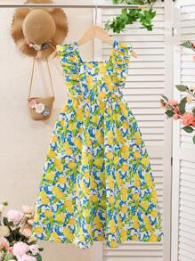 SHEIN 年轻女孩休闲绿色盖袖印花连衣裙，夏季日常穿着，宽松喇叭裙，女孩夏季度假装 - 黃色 - 查看 2