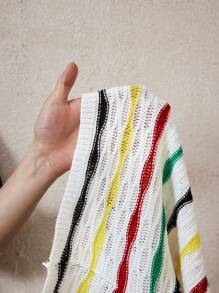 BamGleam Women's Short Sleeve Single-Breasted Striped Cropped Cardigan, Lightweight, Multi-Color - White - View 8