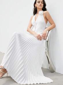 SHEIN Privé 优雅通勤 3D 花卉性感镂空系带领褶饰高腰大下摆半身裙 2 件套女士 - 白色 - 查看 4