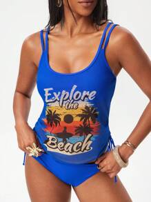 Swim Lushoire 2-Piece Women's Floral Print Spaghetti Strap Bikini Swimsuit Set With Adjustable Side Tie High-Waist Bottoms, Copyright Purchased, Vacation Collection For Summer , Beach - Royal Blue - View 3