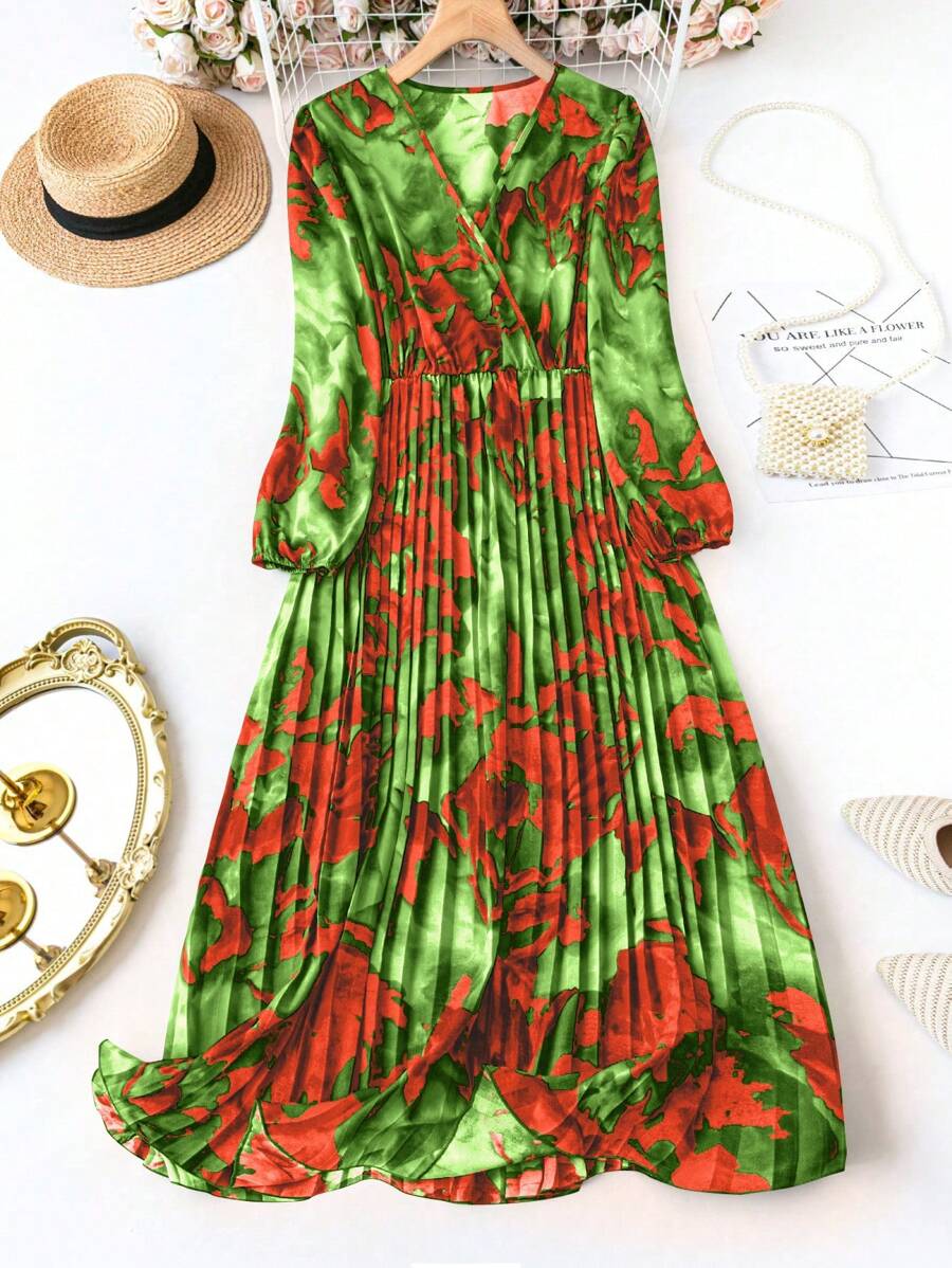 SHEIN Clasi Plus Size High Neck Lantern Sleeve Pleated Hem Wrap Dress Maxi Women Outfit - Green - View 1