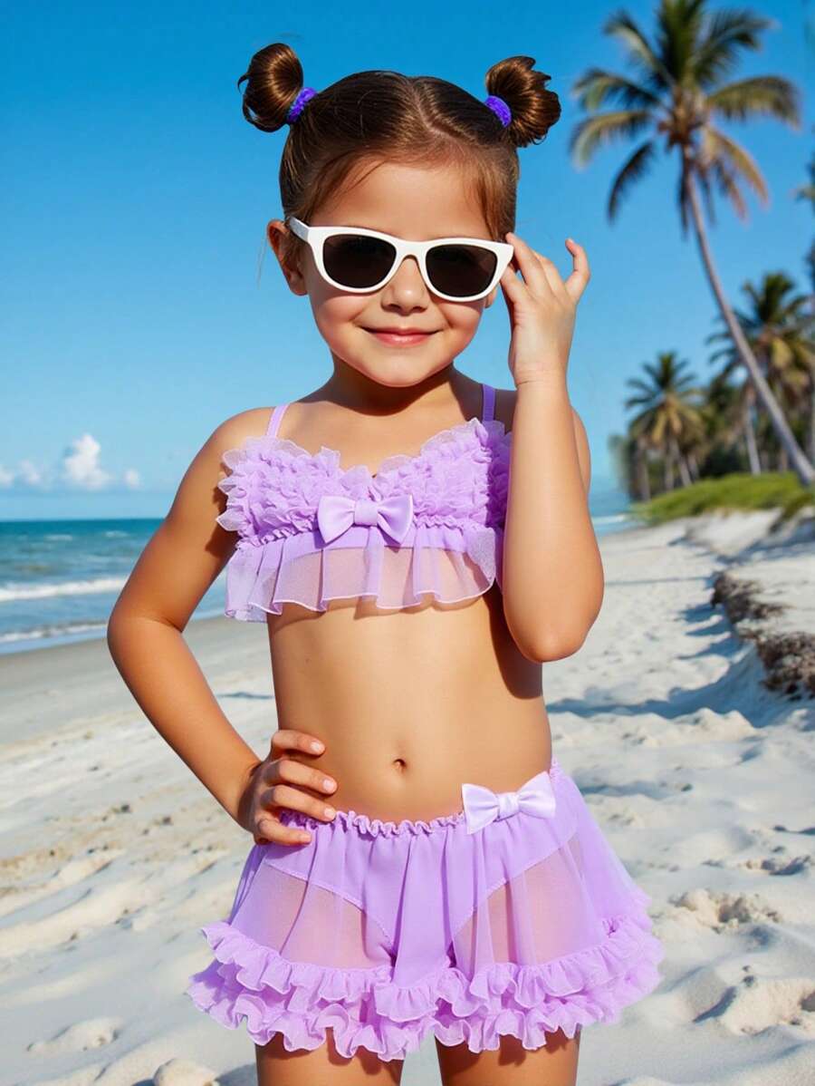 SHEIN Leap Crew 2 件套年轻女孩泳衣，带网眼荷叶边上衣和下装 - 紫色 - 查看 1