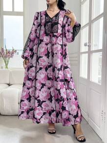 SHEIN Najma Lace Patchwork Floral Print Modest & Romantic Style Arabian Dress - Pink - View 6