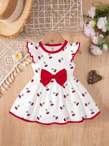 SHEIN Vestido de manga larga para bebés niñas con bonito estampado de cerezas, lazo dulce y patrón de dibujos animados, de moda para otoño/invierno