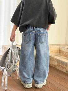 SHEIN Jeans di jeans casual a vita larga stile lavato in pietra per ragazzi, abiti estivi/primaverili per uso quotidiano per bambini