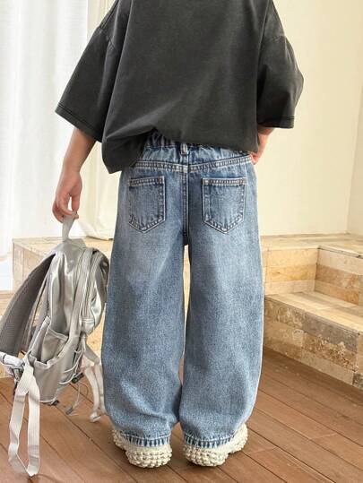 SHEIN 男童流行水洗休闲阔腿宽松蓝色牛仔裤，儿童春夏日常穿着
