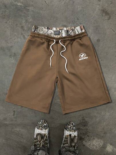 PAVTROS Manfinity Streetrush Men's Summer Casual Colorblock Waistband Letter Embroidery Drawstring Waist Shorts