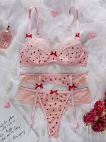 PetitDoll 3pcs/Set Valentine's Day Sexy Series Underwire Push-Up See-Through Women Sexy Lingerie Set For Going Out - Pink - View 6