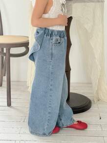 SHEIN Young Girl Cute Butterfly Casual Wide Leg Jeans, Spring And Summer Casual Vacation Country Boho Wear - Light Wash - View 4