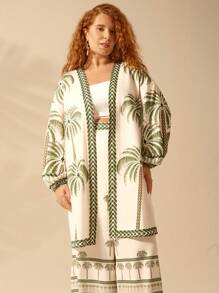CAJUNI Kimono para cubrir talla grande de mujer de manga linterna con estampado de árbol de coco para la playa, vacaciones de estilo boho, verano tropical y casual