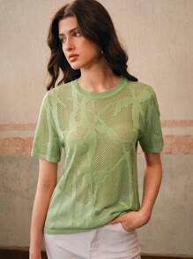 Anewsta Suéter de punto para mujer con diseño calado, cuello redondo, semi transparente y hueco, para vacaciones y playa - Verde - Ver 4