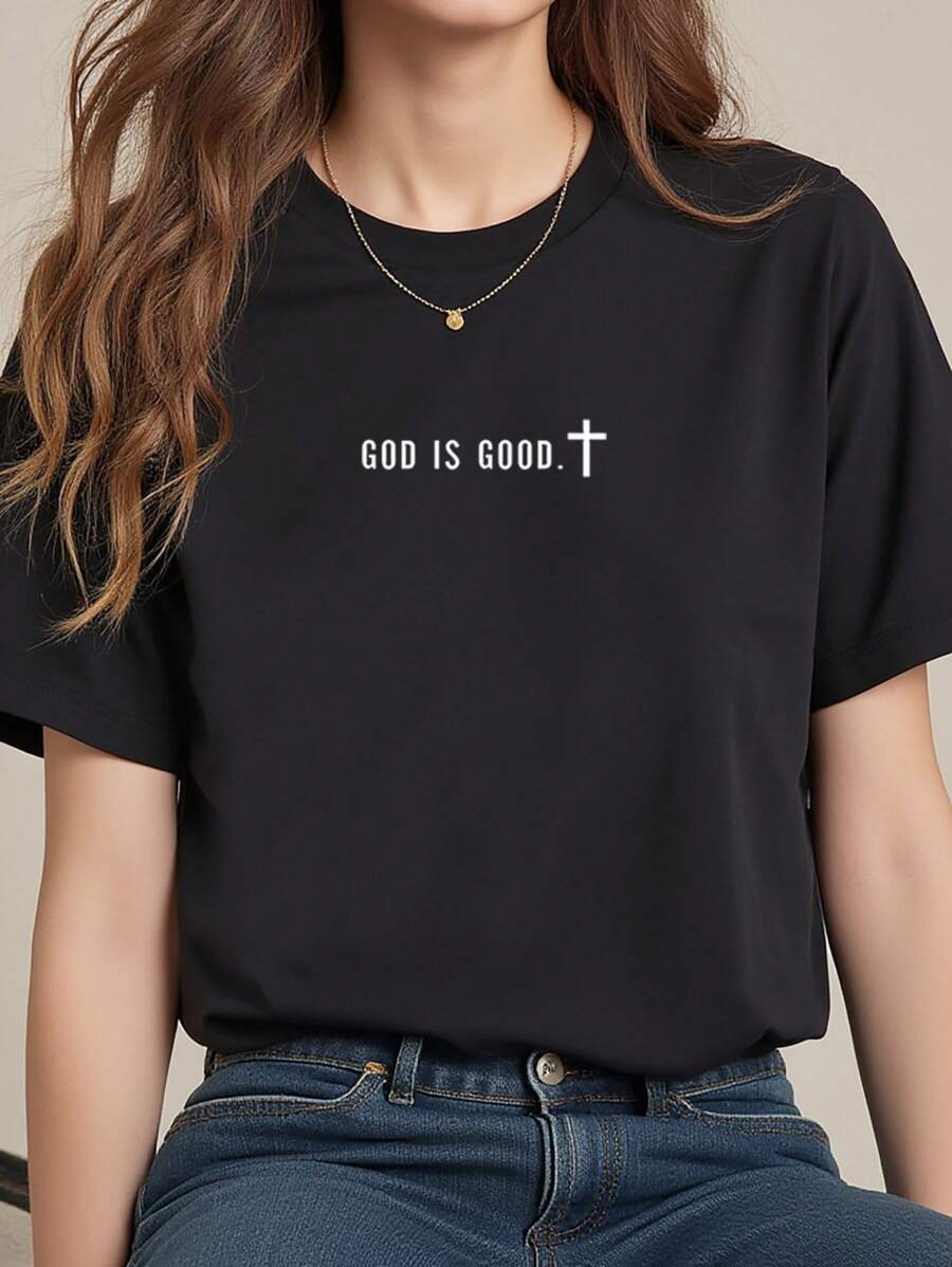 INAWLY Simple Cross & Slogan Print Short Sleeve T-Shirt, Casual Summer