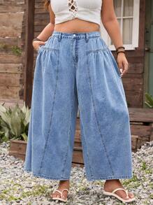 SHEIN LUNE Plus Size Women Pockets Solid Color Loose High Waist Jeans - Blue - View 1