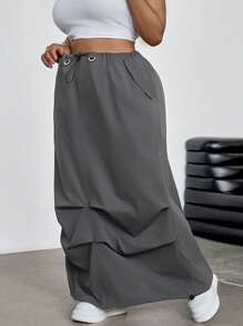 SHEIN EZwear 大码女式纯色抽绳腰褶皱宽松A字裙，夏季度假牛仔西部风商务休闲女装节日机场毕业典礼锐舞派对性感Y2K牛仔街头风辣妹2000年代迪斯科 - 灰色 - 查看 4