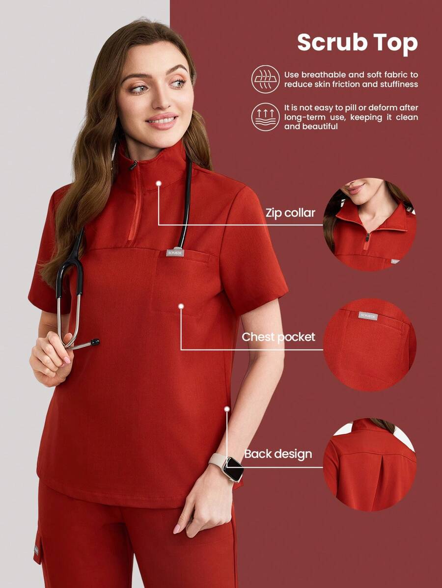 Scrubzie Top de uniforme de scrubs de manga corta con cuello alto de unicolor - Rojo - Ver 1