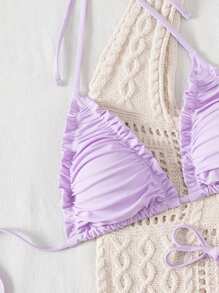 SHEIN Swim Bộ bikini 2 mảnh tam giác hở lưng màu trơn gợi cảm thanh lịch dành cho nữ, thích hợp đi biển, hồ bơi, tiệc tùng, mùa hè - Màu tím - Xem 4