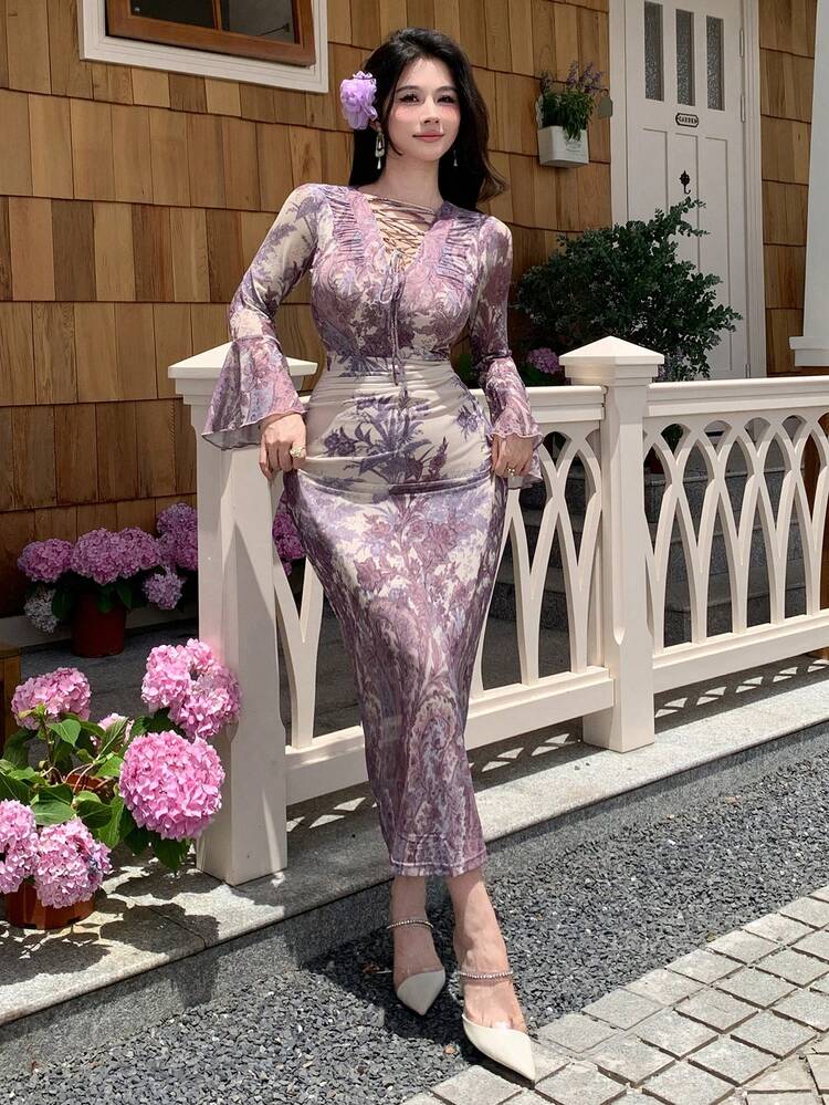 Women's Sexy Fitted Resort Dress With Front Tie, Waist Drawstring, Elegant Vacation Dress With All-Over Ditsy Floral, Bohemian And Plant Print, Summer Maxi Dress