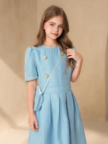 Tween Girl Elegant Party Summer Blue Plaid Dress,Back-To-School Knitted Raglan Sleeve Patchwork White Fabric Gold Button Accent A-Line Princess Dress - Blue - View 5