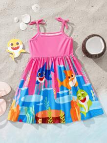 BABY SHARK X SHEIN Young Girl Cartoon Shark Print Pink Bow Cute Sweet Camisole Dress - Pink - View 2