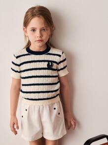 PrepCrw Girls' Spring/Summer Preppy Style Blue & White Striped Textured Fitted Round Neck Sweaters - Multicolor - View 6