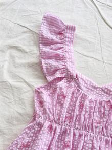 Soleia 女士甜美条纹刺绣蝴蝶结荷叶边荷叶边短袖衬衫，适合海滩度假、约会、下午茶、音乐节、波西米亚风、春夏季