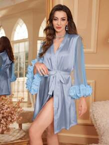 Women's Sexy Satin Robe With 3D Floral Trim Luxeloungewear