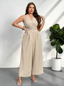 Firerie 大码女式露背卡其色法式度假宽松连体裤，适合度假旅行、休闲职场装 - 卡其色 - 查看 3