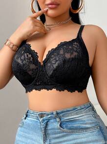 Plus Size Sexy Lace Underwire Lingerie Bra - Black - View 3