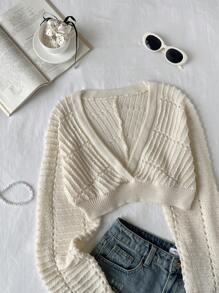 SHEIN Unity V领纯色长袖短款时尚毛衣，女士针织套头衫，秋冬款 - 杏色 - 查看 5