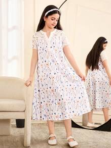 SHEIN 女童宽松休闲印花拼布V领短袖A字连衣裙 - 霧霾藍 - 查看 3