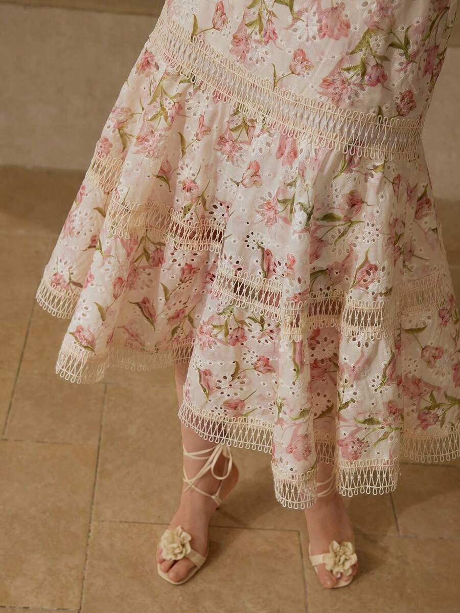 MOTF PREMIUM CONTRAST LACE FLORAL PRINT MID-LENGTH DRESS - Yellow - View 2