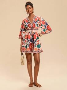 Travachic 女式V领七分袖印花宽松迷你连衣裙 - 卡其色 - 查看 3