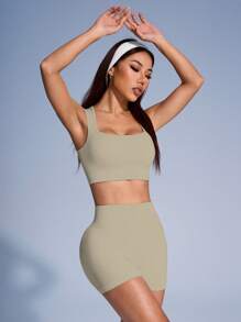 Easithlete 女士纯色罗纹针织运动文胸和短裤套装 女士健身套装 - 卡其色 - 查看 5