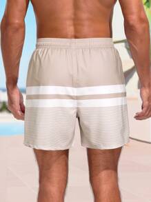 Manfinity Swimmode Men Loose Striped Beach Shorts In Vacation Style Milk Silk Lining,Hawaiian - Khaki - View 2